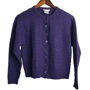 Talbots wool blend purple cable knit crew neck button cardigan sweater top med